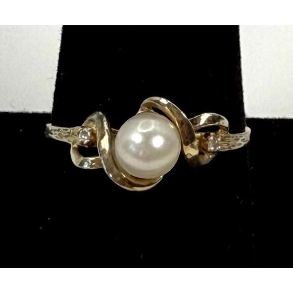 Vintage Sterling Silver Vermeil Pearl & Diamond Accent Ring Size 9.75 - Picture 1 of 8